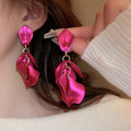 Acrylic Rose Red Floral Petal Leaf Long Tassel Drop Earrings European Style Statement Jewelry view 4