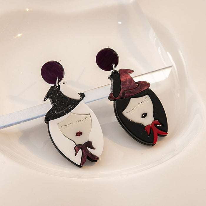 Creative Cartoon Witch Asymmetric Black White Acrylic Enamel Drop Dangle Stud Halloween Earrings