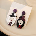 Creative Cartoon Witch Asymmetric Black White Acrylic Enamel Drop Dangle Stud Halloween Earrings view 3
