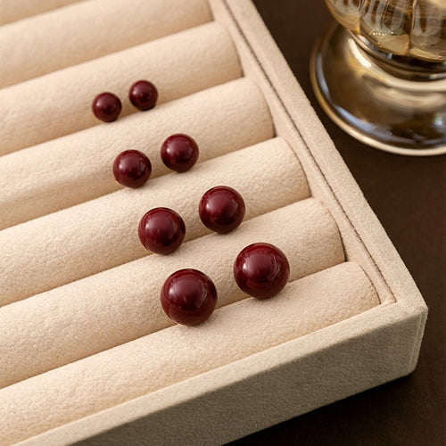 Elegant Red Faux Pearl Round Stud Earrings For Women, Minimalist Light Luxury Geometric Ball Earrings