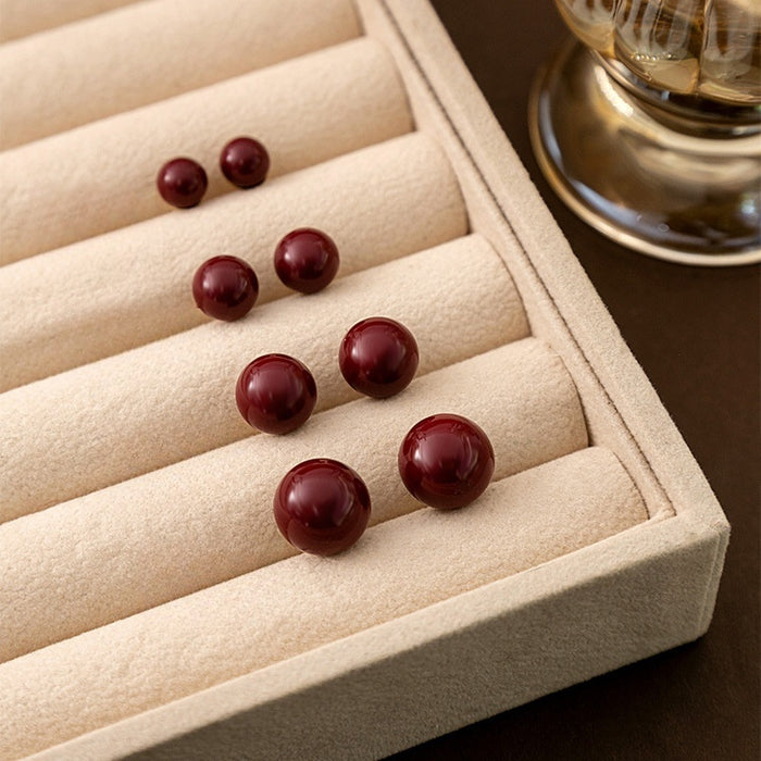 Elegant Red Faux Pearl Round Stud Earrings For Women, Minimalist Light Luxury Geometric Ball Earrings