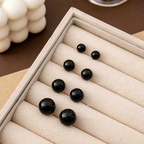 Light Luxury Black Faux Pearl Stud Earrings For Women, Minimalist Round Bead Silver Needle Earrings
