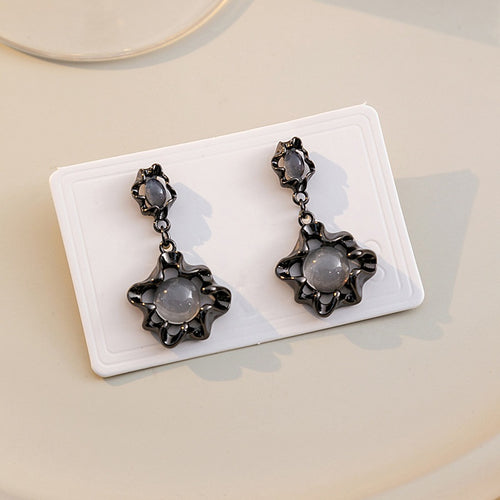 Elegant Dark Alloy Irregular Hollow Geometric Round Moonstone Drop Stud Earrings