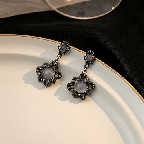 Elegant Dark Alloy Irregular Hollow Geometric Round Moonstone Drop Stud Earrings