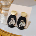 Elegant Vintage French Oval Beauty Portrait Black Acrylic And Gold Alloy Statement Drop Earrings view 3