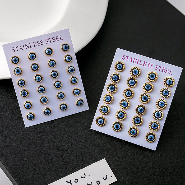 Elegant Blue Evil Eye Cat Eye Stainless Steel Gold Tone Minimalist Small Stud Jewelry Earrings