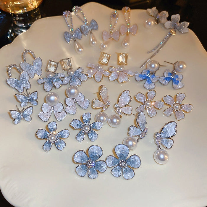 Fresh Sweet Faux Pearl Crystal Flower Drop Earrings With Silver Pins