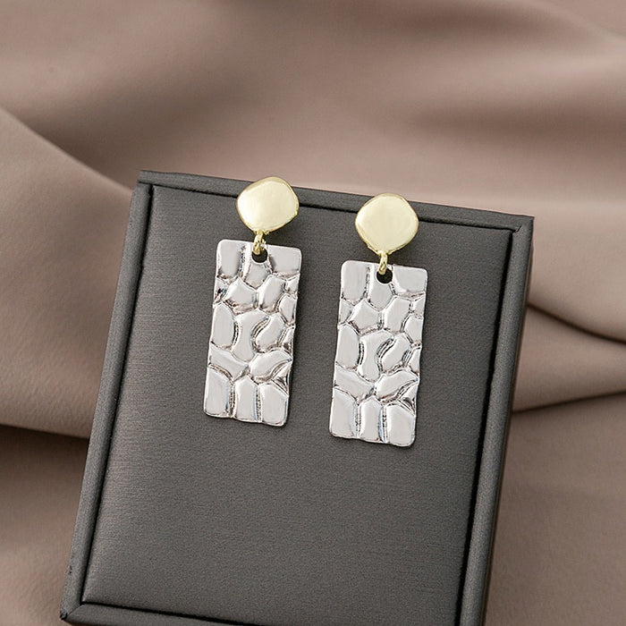 Elegant Vintage Gold Silver Two Tone Alloy Geometric Square Hammered Rectangle Long Drop Dangle Earrings