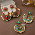 Vintage Ethnic Crescent Flower Alloy Enamel Pearl Beaded Tassel Bohemian Statement Drop Earrings view 1