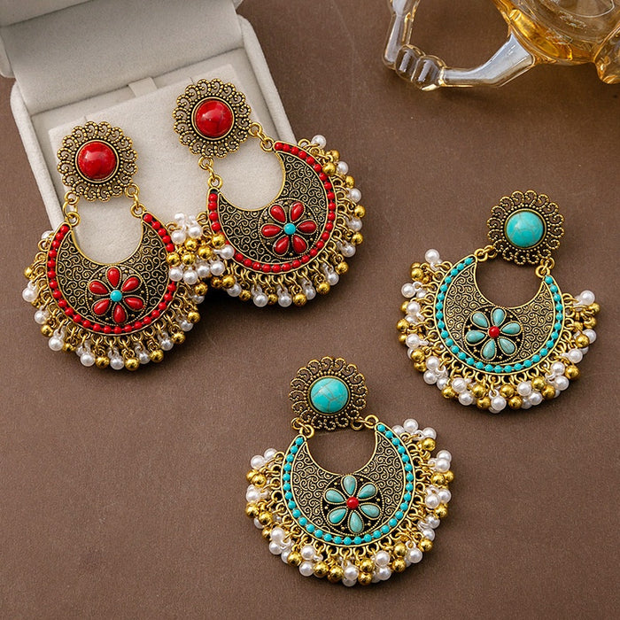 Vintage Ethnic Crescent Flower Alloy Enamel Pearl Beaded Tassel Bohemian Statement Drop Earrings