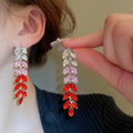 Chic Alloy Rhinestone Gradient Leaf Tassel Drop Earrings With Silver Tone Posts view 4