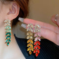 Chic Alloy Rhinestone Gradient Leaf Tassel Drop Earrings With Silver Tone Posts view 2