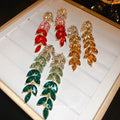 Chic Alloy Rhinestone Gradient Leaf Tassel Drop Earrings With Silver Tone Posts view 1
