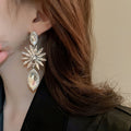 Alloy Rhinestone Flower Teardrop Long Drop Earrings, European American Elegant Fashion Jewelry view 3