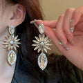 Alloy Rhinestone Flower Teardrop Long Drop Earrings, European American Elegant Fashion Jewelry view 1