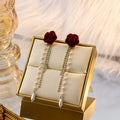 Vintage Red Velvet Rose Long Chain Tassel Pearl Rhinestone Luxury Drop Earrings view 3