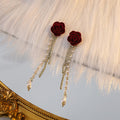 Vintage Red Velvet Rose Long Chain Tassel Pearl Rhinestone Luxury Drop Earrings view 4