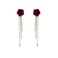 Vintage Red Velvet Rose Long Chain Tassel Pearl Rhinestone Luxury Drop Earrings view 5