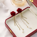 Vintage Red Velvet Rose Long Chain Tassel Pearl Rhinestone Luxury Drop Earrings view 2