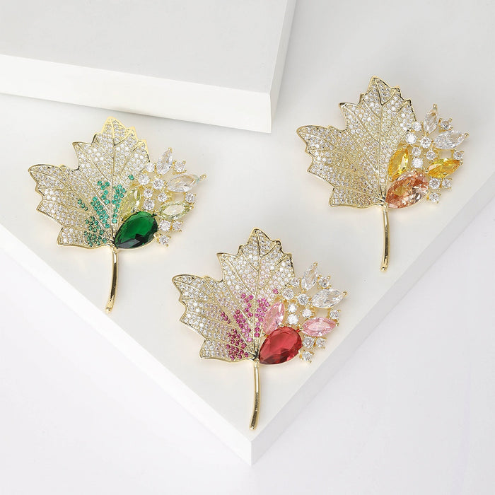 Copper Zircon Maple Leaf Brooch Pin For Autumn Winter Accessories