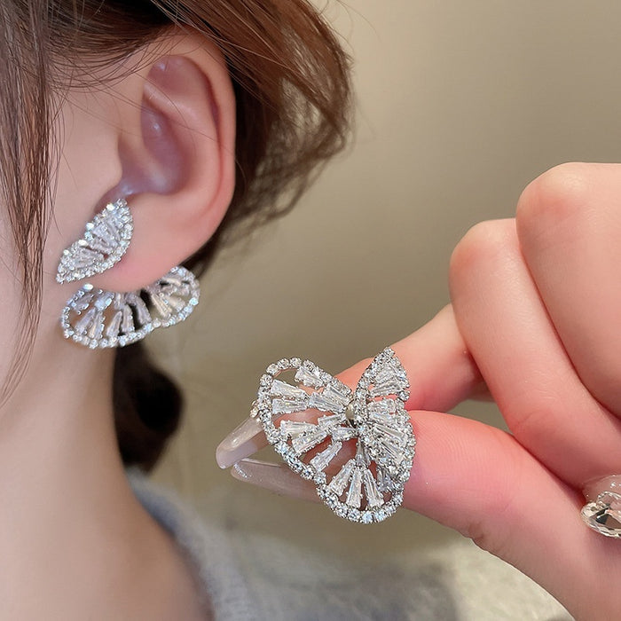 Two Way Zircon Butterfly Stud Earrings With Silver Posts, Korean Sweet Light Luxury Jewelry