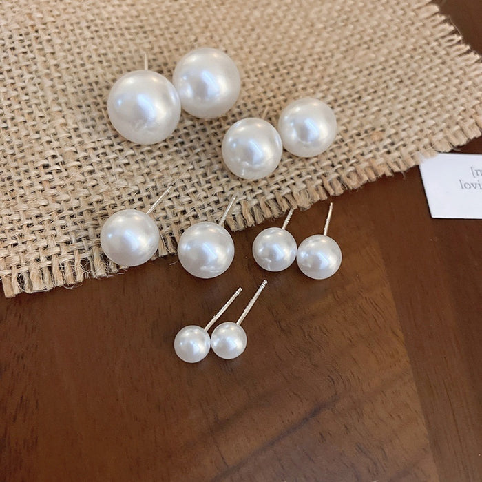Faux Pearl Stud Earrings With Silver Posts French Vintage Geometric Round Light Luxury Style
