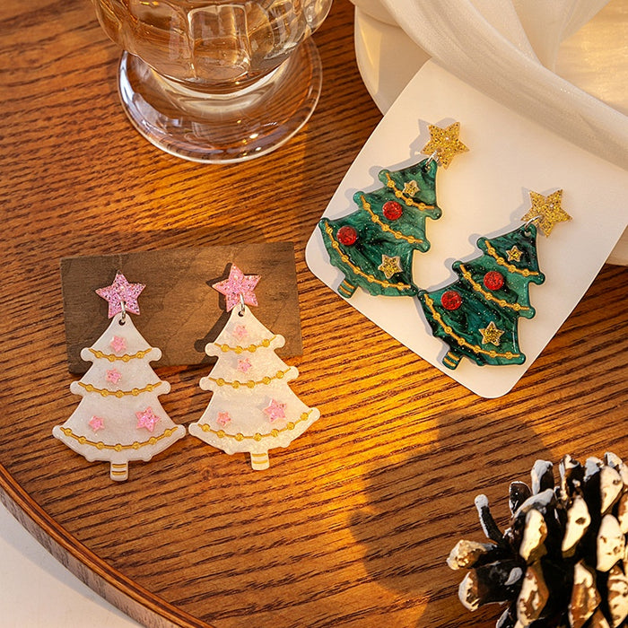 Christmas Tree Acrylic Enamel Star Dangle Drop Earrings For Women Sweet Holiday Party Earrings