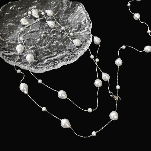 Irregular Long Pearl Alloy Sweater Necklace, Vintage Geometric Light Luxury Fashion Jewelry