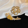 Gold Plated Copper Zircon Hollow Camellia Pearl Brooch For Women Creative Luxury Fashion Pin view 1