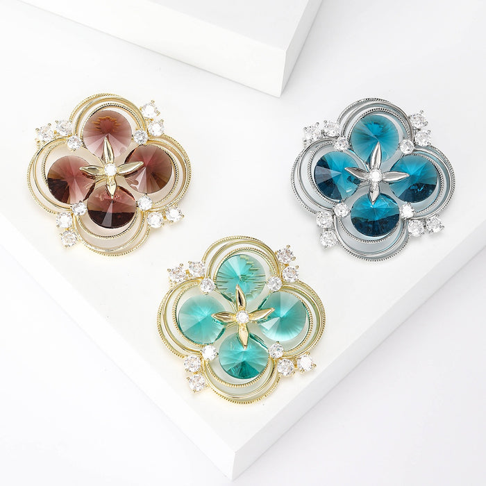 Alloy Crystal Four Leaf Clover Brooch Pin For Sweaters And Suits