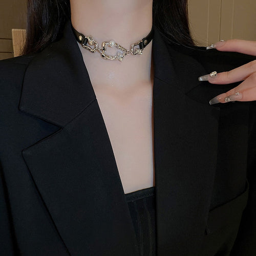 Irregular Teardrop Pearl Faux Leather Choker Necklace Dark Sweet Cool Geometric Collar