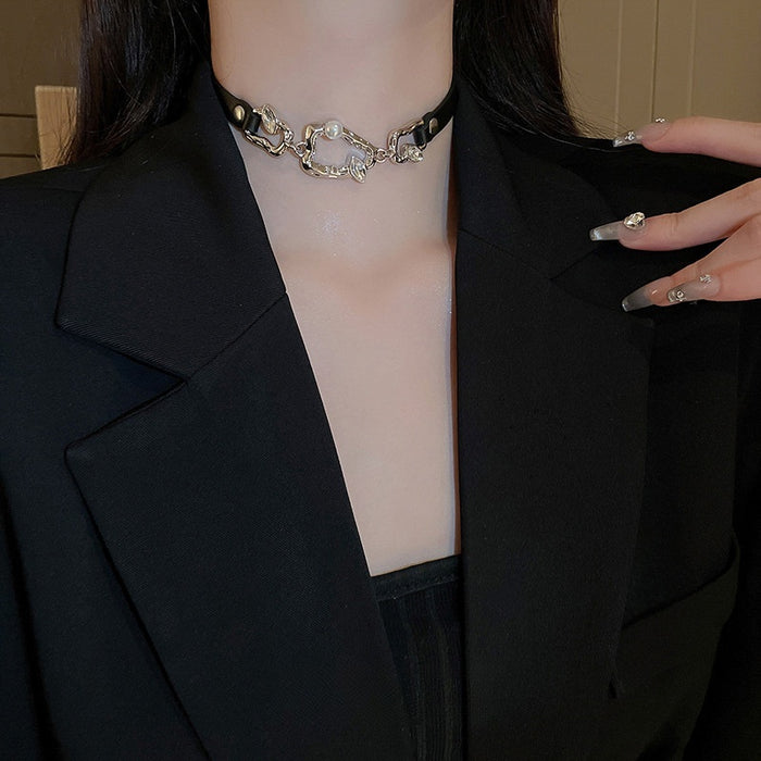 Irregular Teardrop Pearl Faux Leather Choker Necklace Dark Sweet Cool Geometric Collar