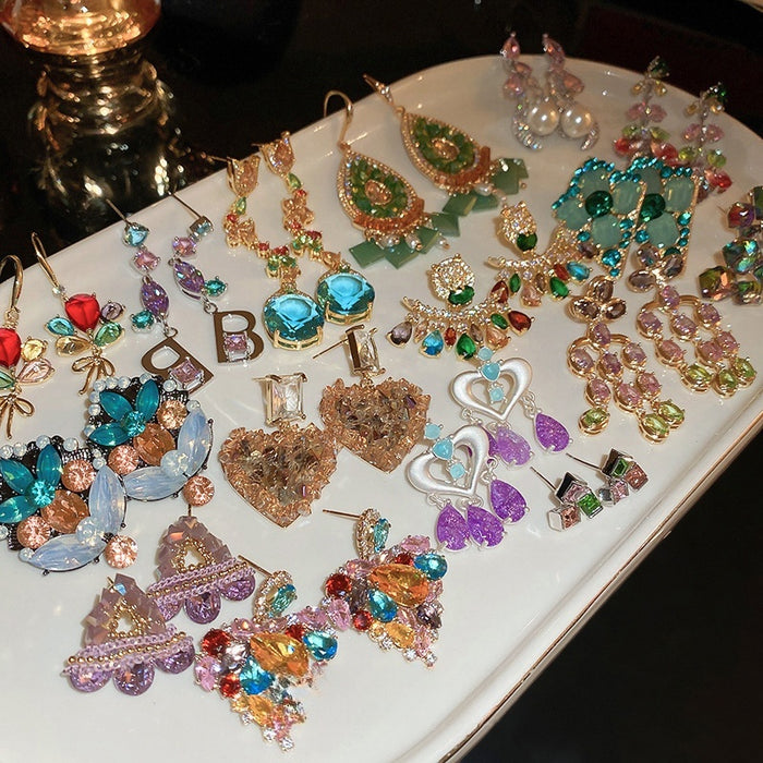 Colorful Zircon Heart Flower Drop Earrings With Silver Posts Korean Light Luxury Sweet Style