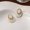 Vintage Luxury Oval Pearl Rhinestone White Enamel Fan Alloy Silver Needle Stud Drop Earrings view 4