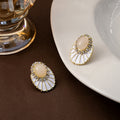 Vintage Luxury Oval Pearl Rhinestone White Enamel Fan Alloy Silver Needle Stud Drop Earrings view 1