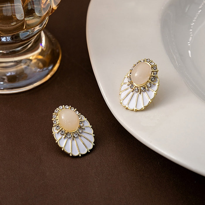 Vintage Luxury Oval Pearl Rhinestone White Enamel Fan Alloy Silver Needle Stud Drop Earrings