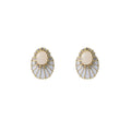 Vintage Luxury Oval Pearl Rhinestone White Enamel Fan Alloy Silver Needle Stud Drop Earrings view 5