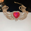 European American Alloy Five Row Rhinestone Heart Choker Necklace, Statement Luxury Collarbone Jewelry view 2
