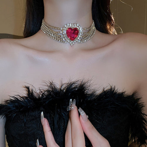 European American Alloy Five Row Rhinestone Heart Choker Necklace, Statement Luxury Collarbone Jewelry