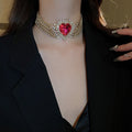 European American Alloy Five Row Rhinestone Heart Choker Necklace, Statement Luxury Collarbone Jewelry view 3