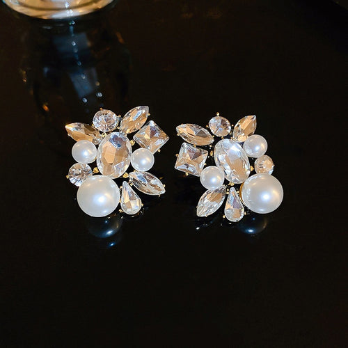 Alloy Rhinestone Oval Teardrop Pearl Stud Earrings Korean Chic Light Luxury Jewelry