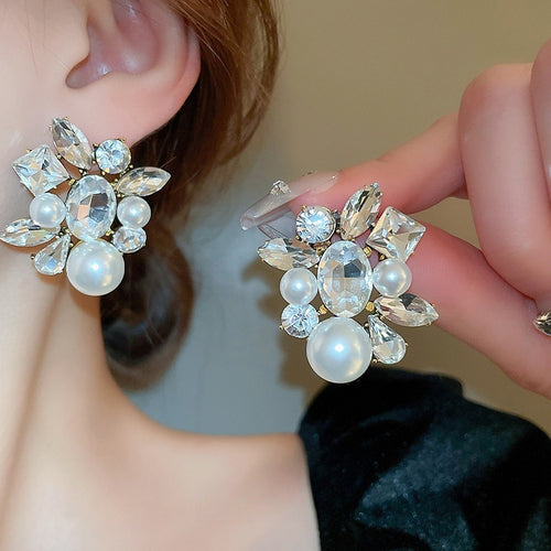 Alloy Rhinestone Oval Teardrop Pearl Stud Earrings Korean Chic Light Luxury Jewelry