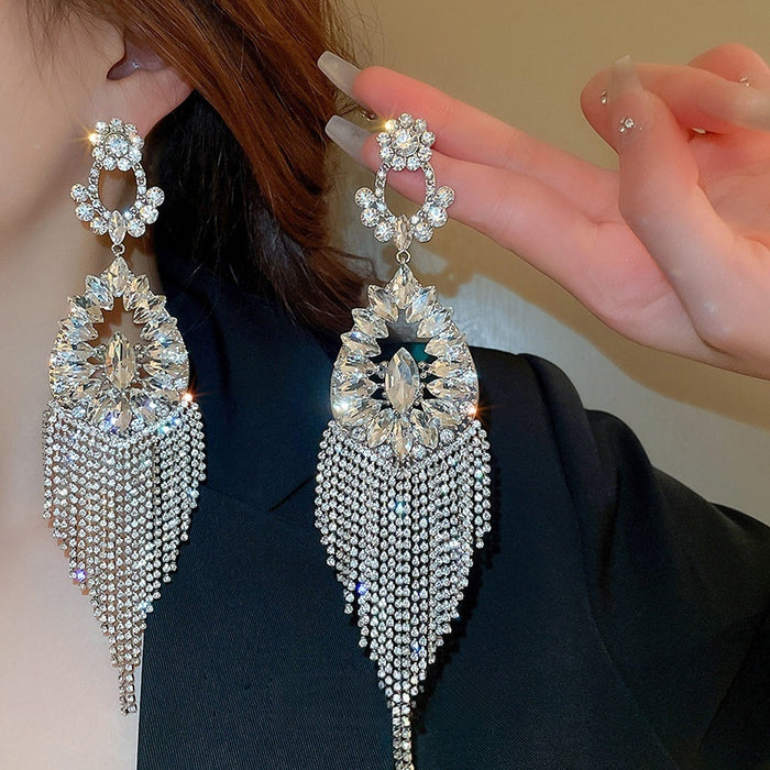 Alloy Rhinestone Flower Hollow Teardrop Tassel Drop Earrings, Statement European Style Long Dangle Jewelry