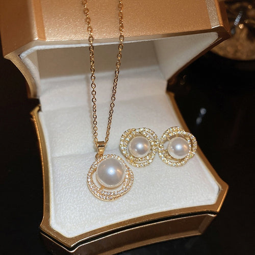 French Vintage Stainless Steel Zircon Round Faux Pearl Necklace And Stud Earrings Jewelry Set
