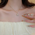 French Vintage Stainless Steel Zircon Round Faux Pearl Necklace And Stud Earrings Jewelry Set view 2