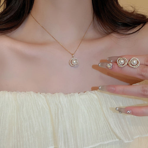 French Vintage Stainless Steel Zircon Round Faux Pearl Necklace And Stud Earrings Jewelry Set