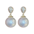 Gold Plated Copper Oval Pearl Zircon Stud Earrings With Silver Posts Minimalist Geometric Style view 5