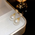 Gold Plated Copper Oval Pearl Zircon Stud Earrings With Silver Posts Minimalist Geometric Style view 2