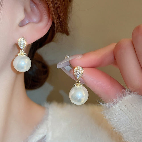Gold Plated Copper Oval Pearl Zircon Stud Earrings With Silver Posts Minimalist Geometric Style