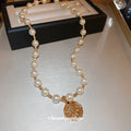 Gold Plated Faux Pearl Rhinestone Round Portrait Pendant Necklace French Vintage Clavicle Jewelry view 4